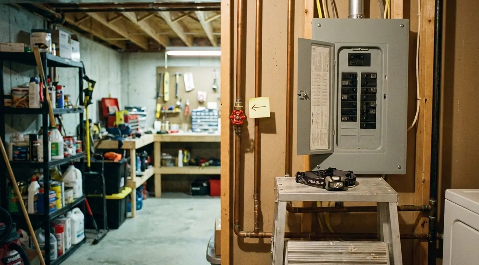 Basement utility area with an open electrical panel, copper pipes, and a headlamp on a step stool from a checklist of things to do before moving.