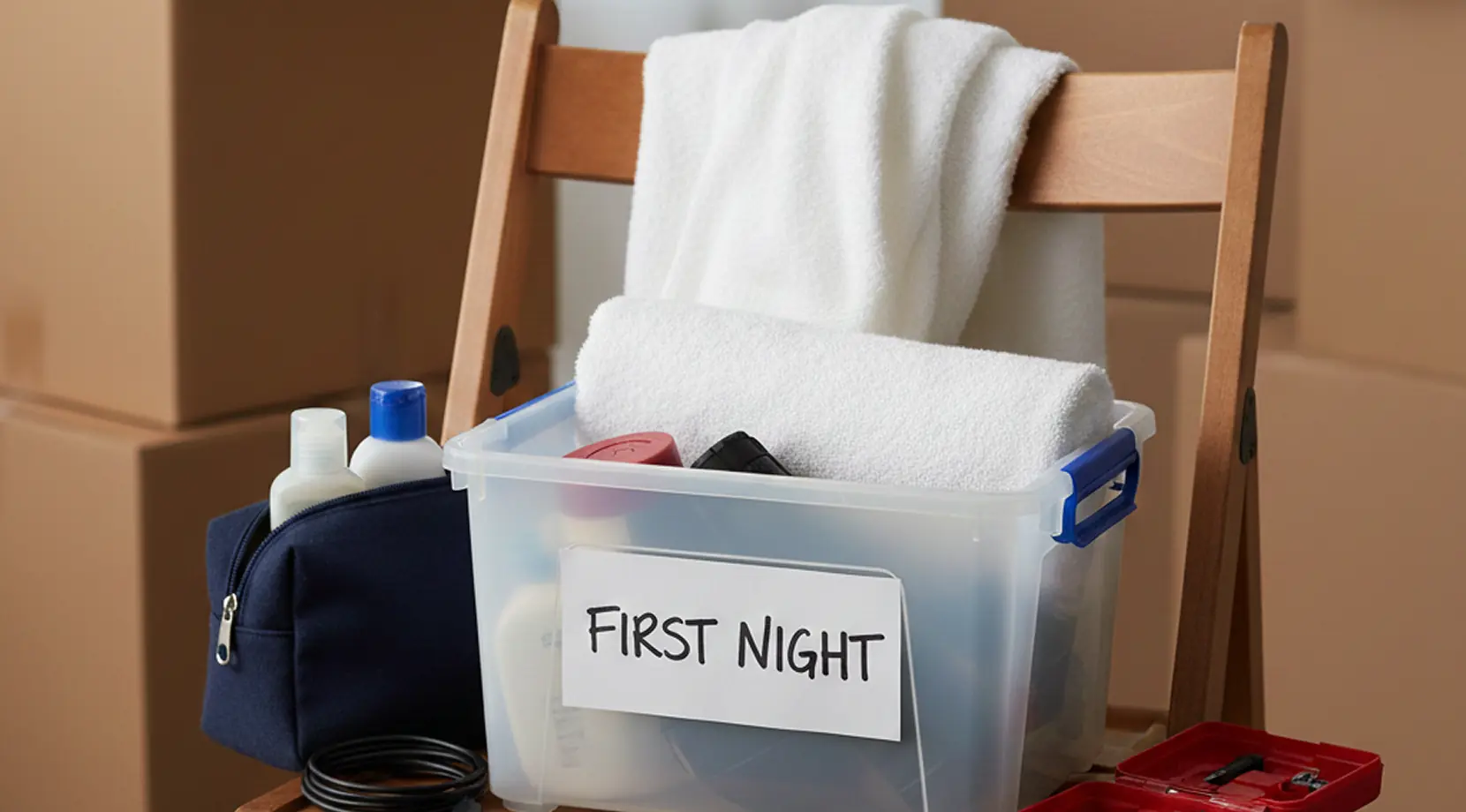 “FIRST NIGHT” essentials bin with towels, toiletries, and a small tool kit, showing important things to do before moving into a new place.