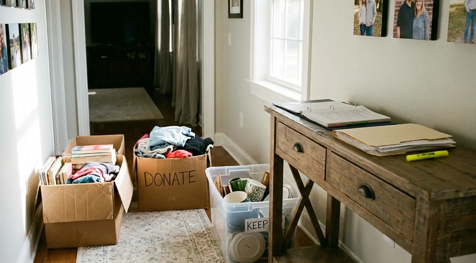 Hallway sorting setup with boxes labeled donate and keep beside a desk, showing things to do before moving out before moving day.