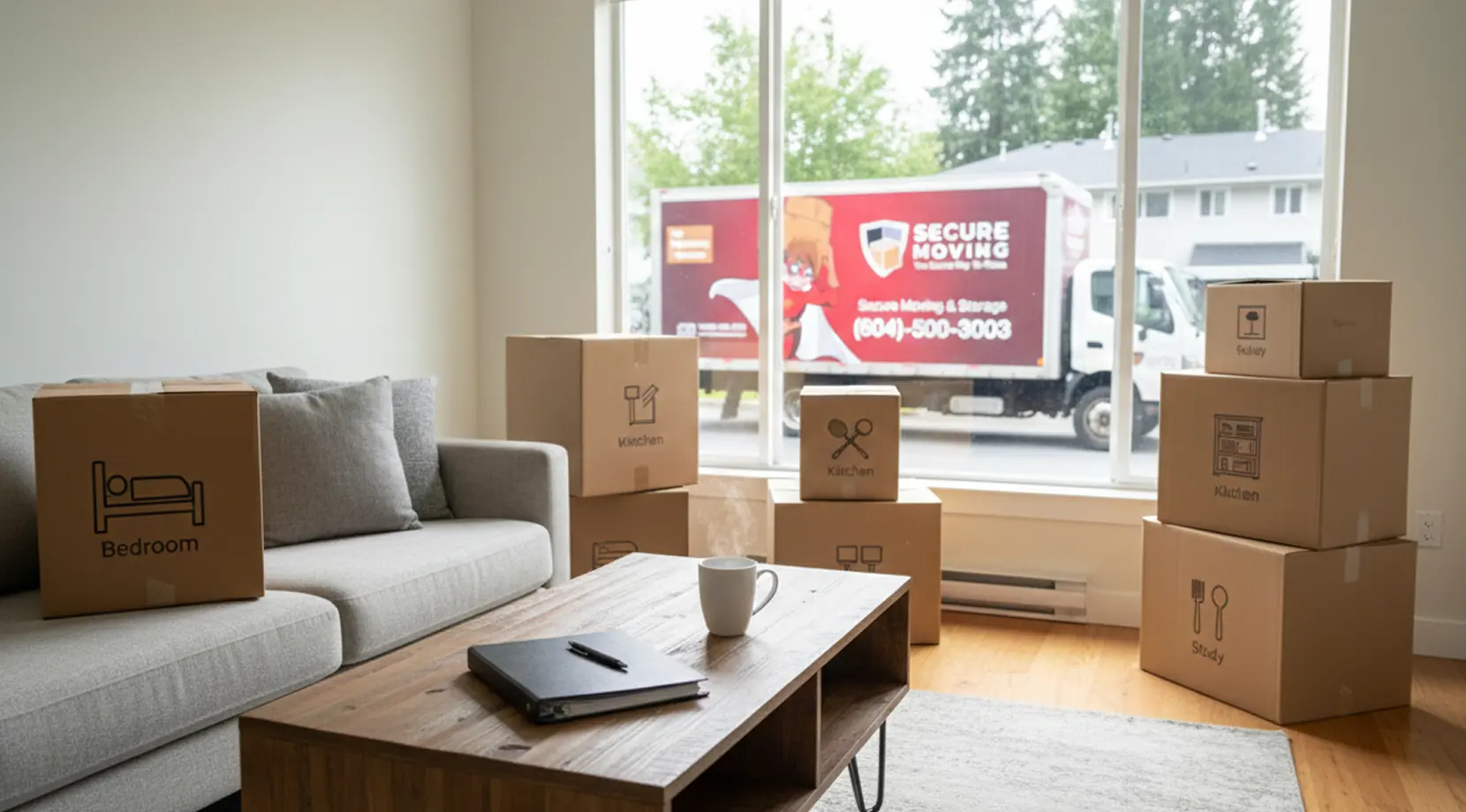 Packed living room with labeled boxes and a moving truck outside the window, showing things to do before moving in Canada.