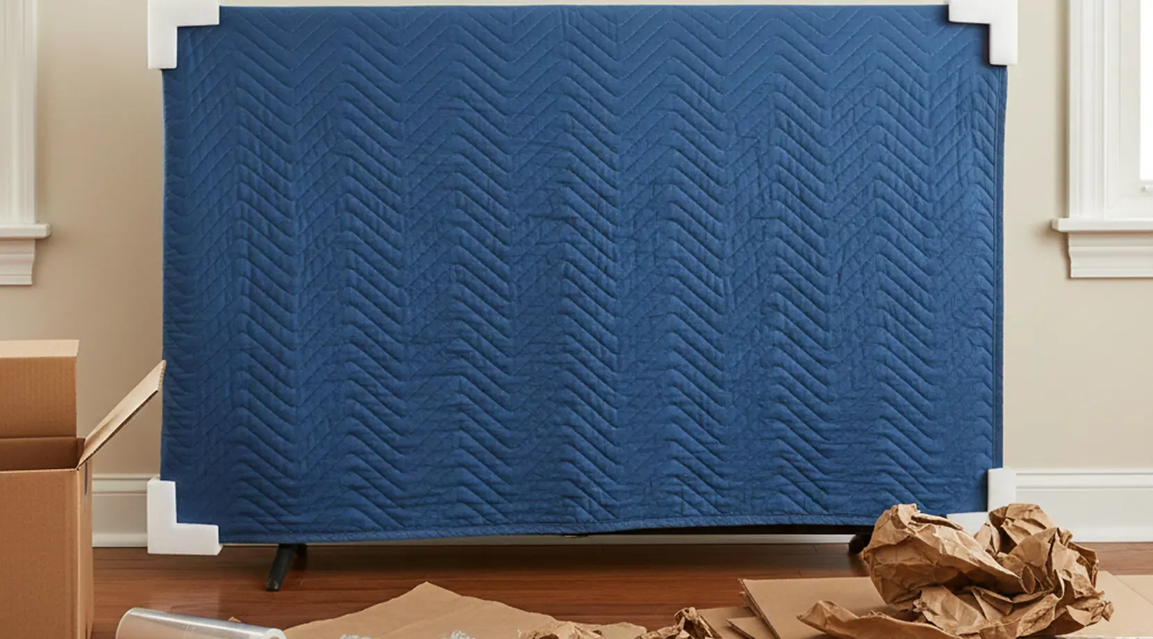 Large furniture wrapped in a moving blanket with corner guards, ready for Vancouver to Kingston cross-country transport.