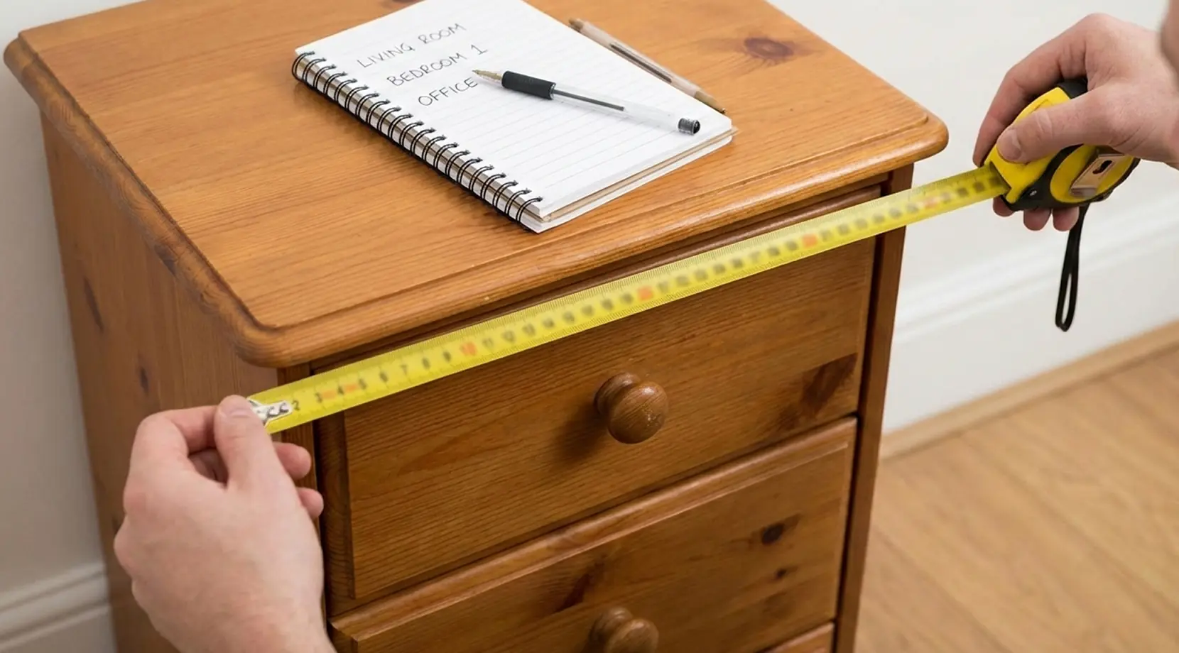 Measuring a dresser and noting dimensions for packing plans and truck space on a Vancouver to Kingston relocation.