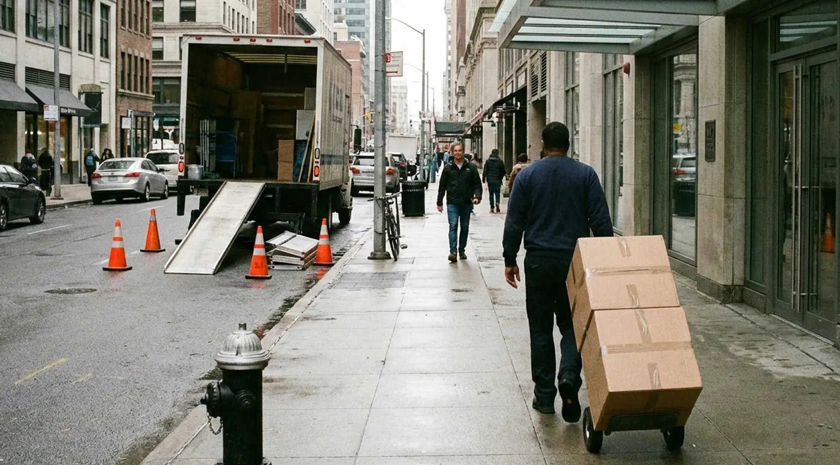 Mover pushing boxes toward a truck parked on a rainy downtown street, capturing the busy Vancouver moving season and the right time to relocate to Vancouver.