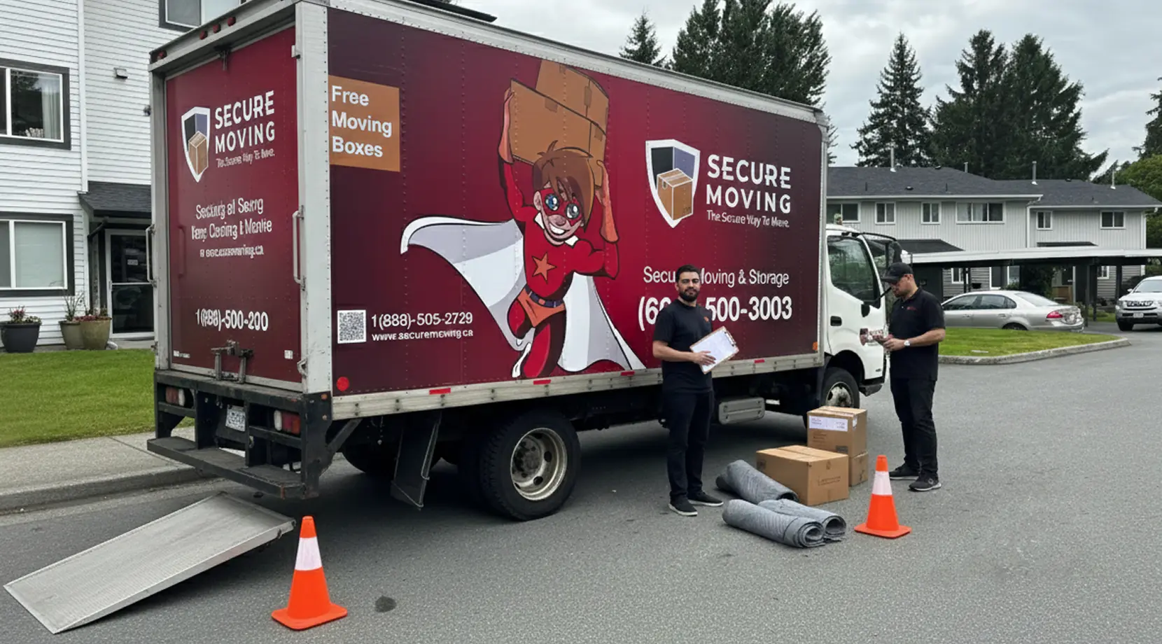 Secure Moving truck parked outside a suburban complex, movers organizing supplies for a client choosing the ideal time to relocate to Vancouver.