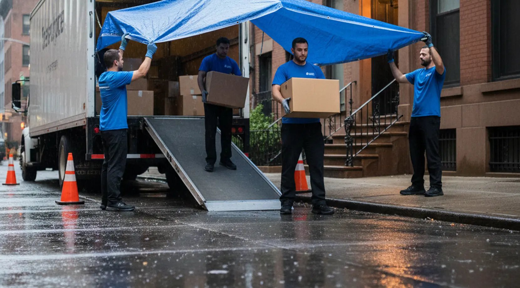 Moving crew unloading boxes in the rain under a tarp, showing preparation for any weather during the Vancouver moving season.