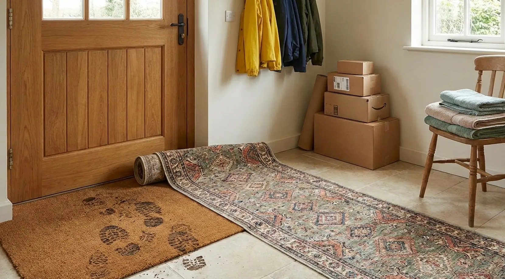 Entryway with a rolled rug and muddy boot prints during moving from vancouver to halifax, showing practical winter moving halifax tips for keeping floors clean.