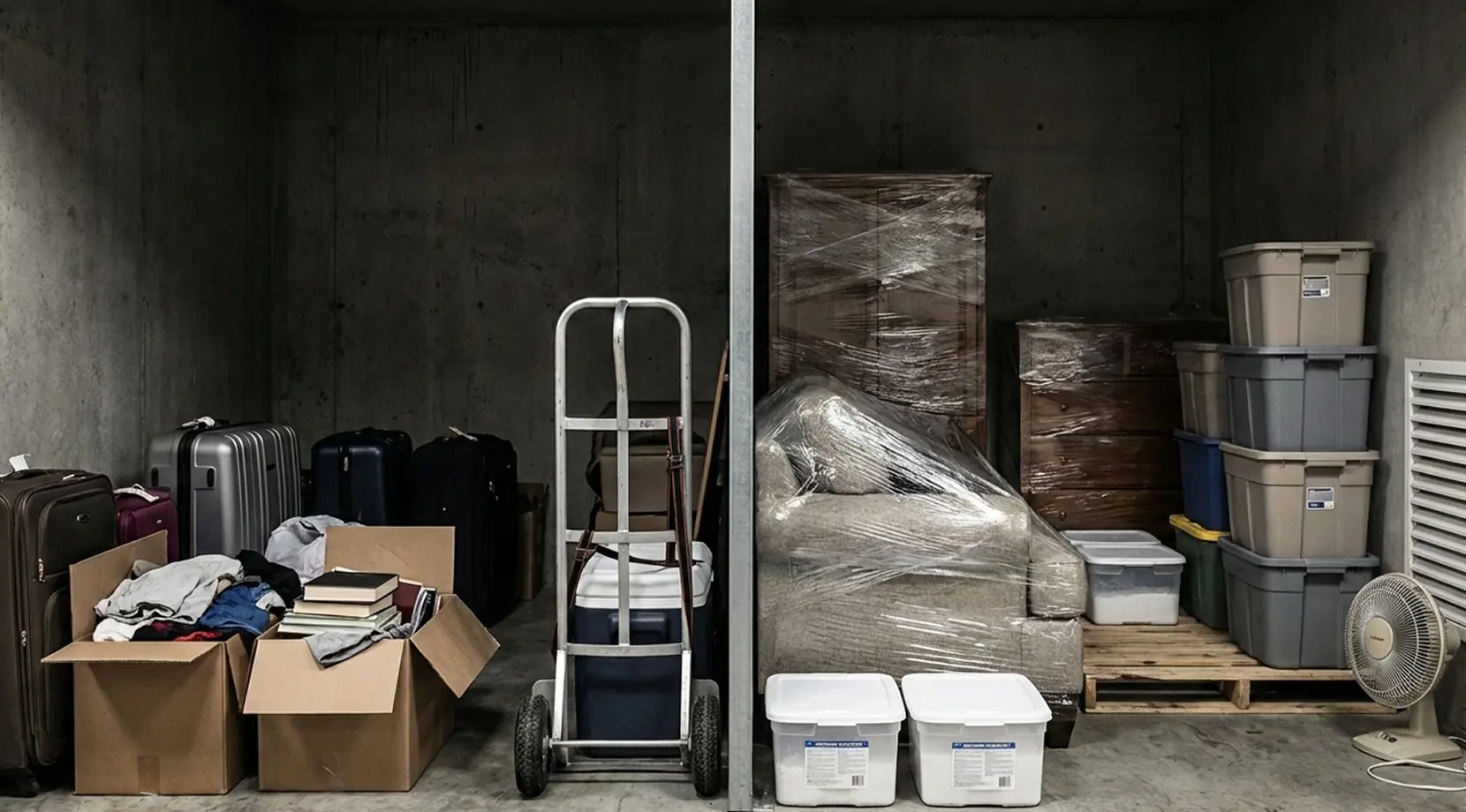 Split storage unit packed with boxes, bins, luggage, and wrapped furniture for Long-term storage and Climate-controlled storage.