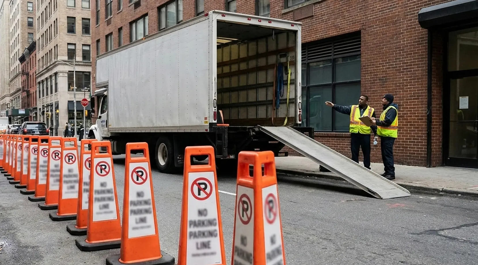 Movers set cones and a ramp for a box truck on a city street, coordinating Portable storage and Vancouver storage solutions.