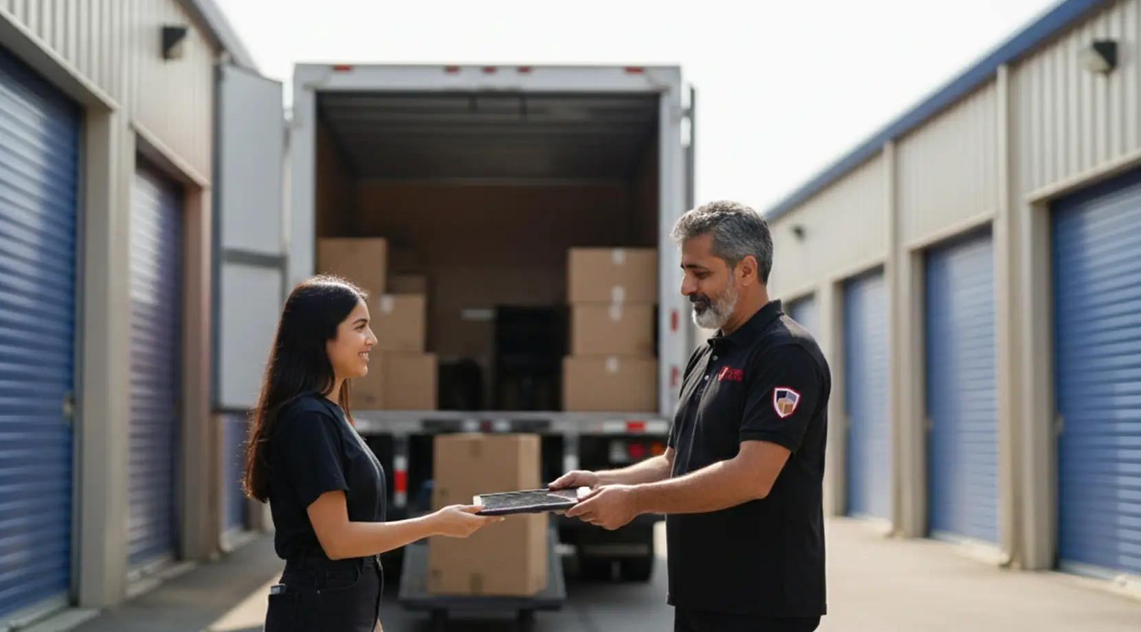 Customer signs paperwork with staff beside a moving truck at a storage facility, ready to rent storage space vancouver.
