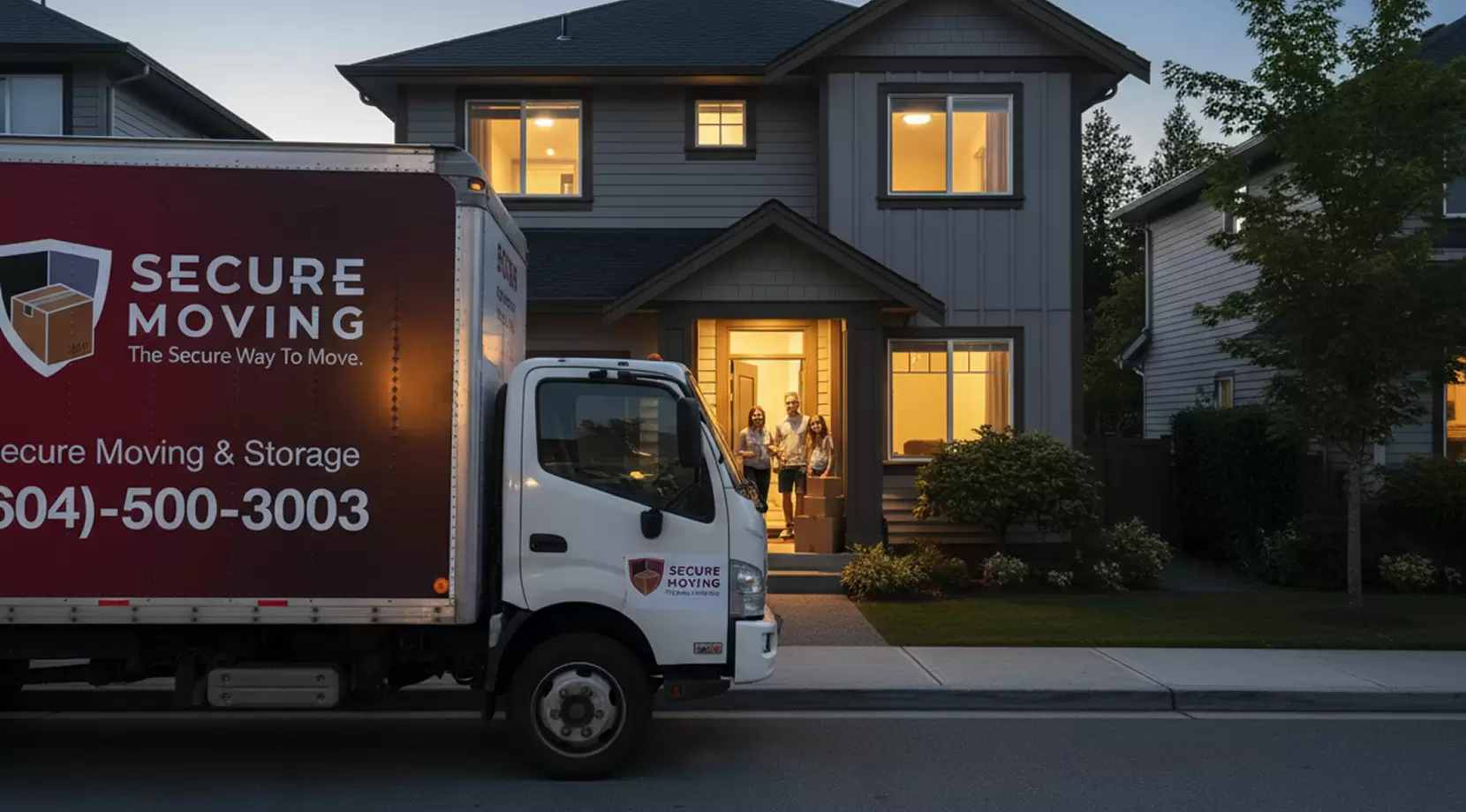 Family standing in front of their home with a Secure Moving truck parked nearby after their move was done by professional residential movers in Burnaby.