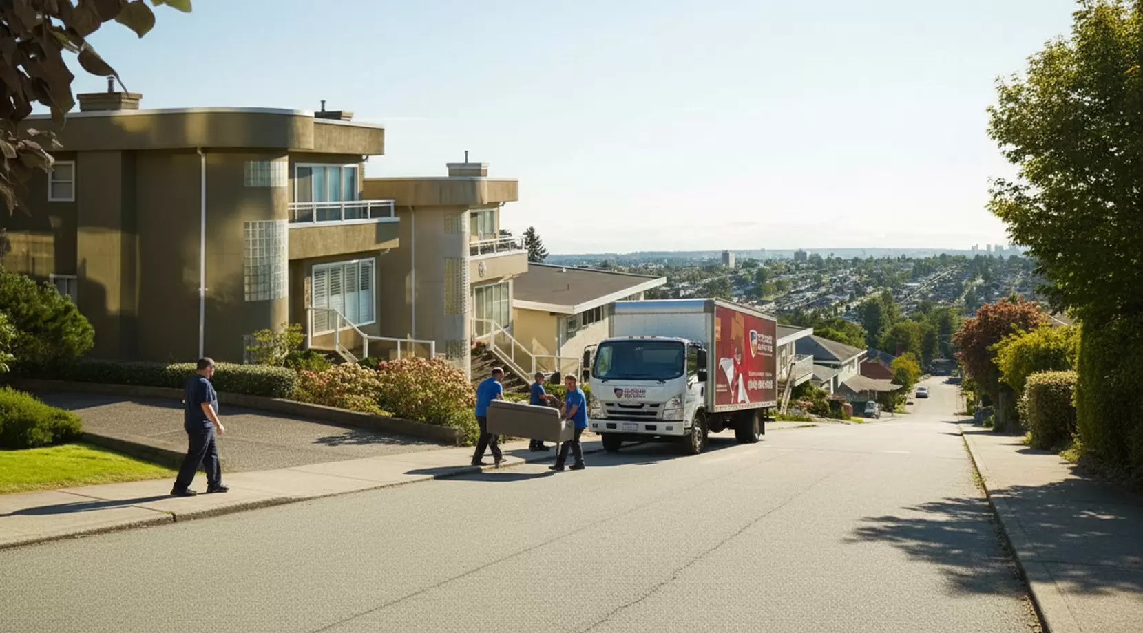 Crew carrying a sofa up a steep Burnaby street beside a branded truck, showing the work of local residential movers in Burnaby.