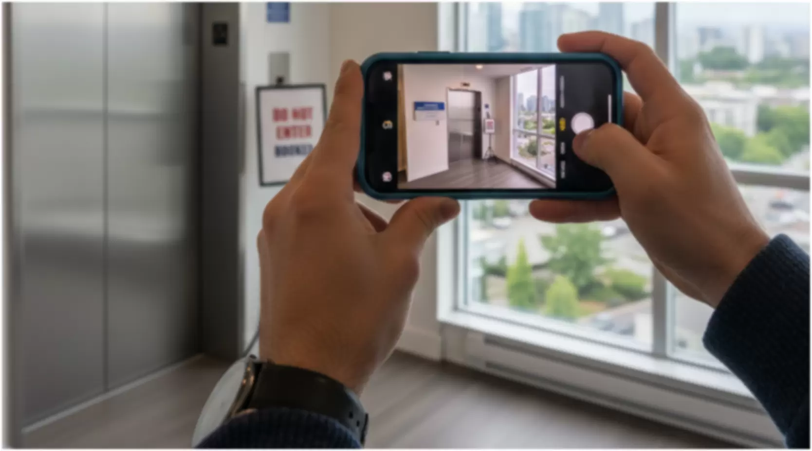 A tenant photographs the high-rise elevator lobby for move-in documentation, a common step recommended by Burnaby packing & moving services.