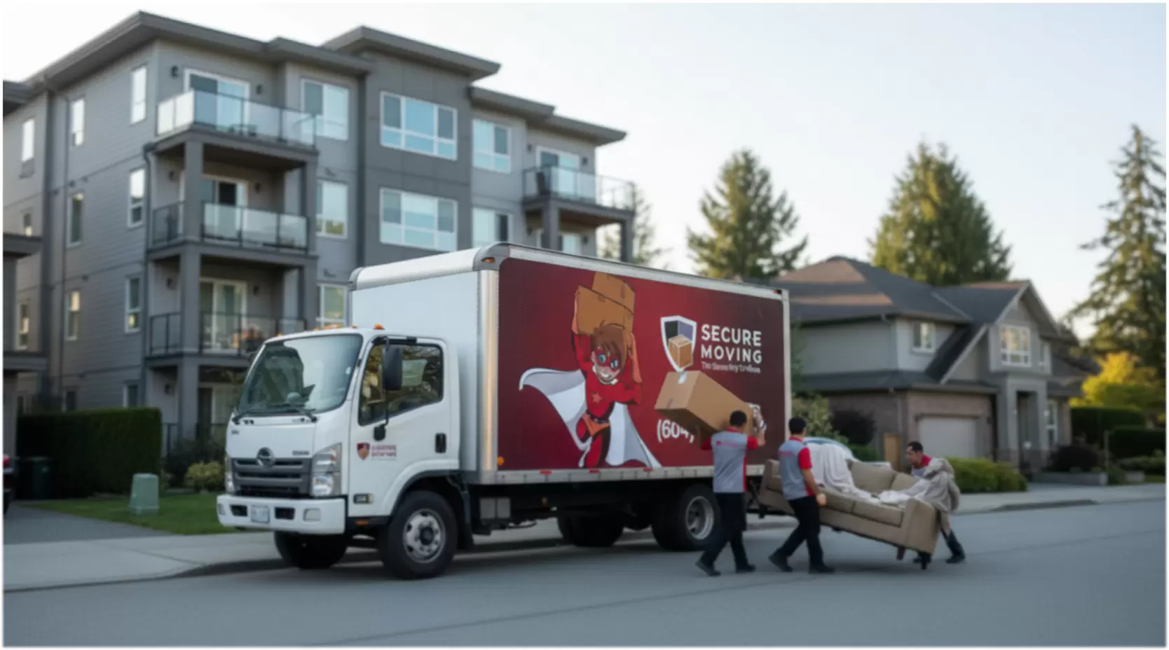 Secure Moving truck at a Burnaby townhouse complex as the crew loads a sofa, showcasing residential moving in Burnaby.