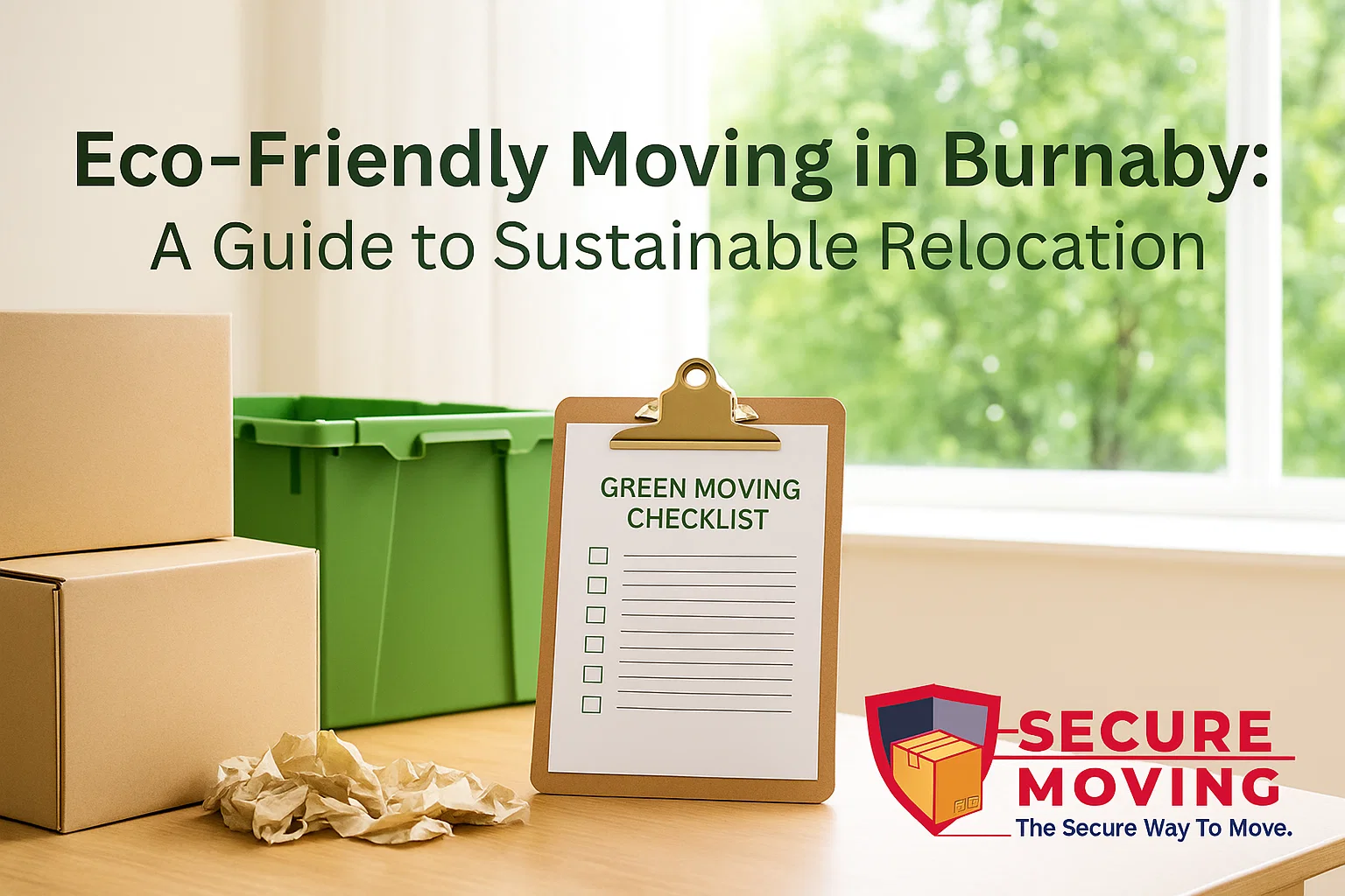 Eco-friendly moving supplies with a green moving checklist and company logo.