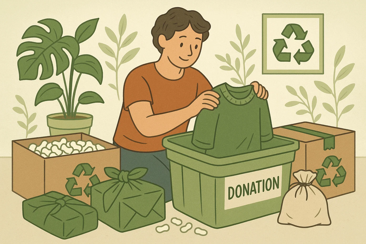 Person sorting items and using reusable packing materials for a green move.