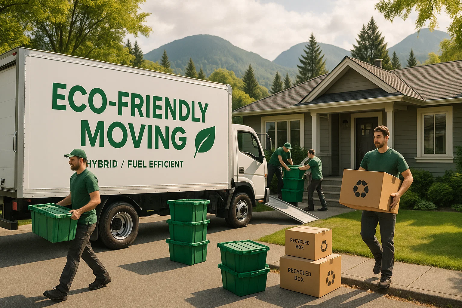 Hybrid moving truck with movers loading eco-friendly boxes in Burnaby.
