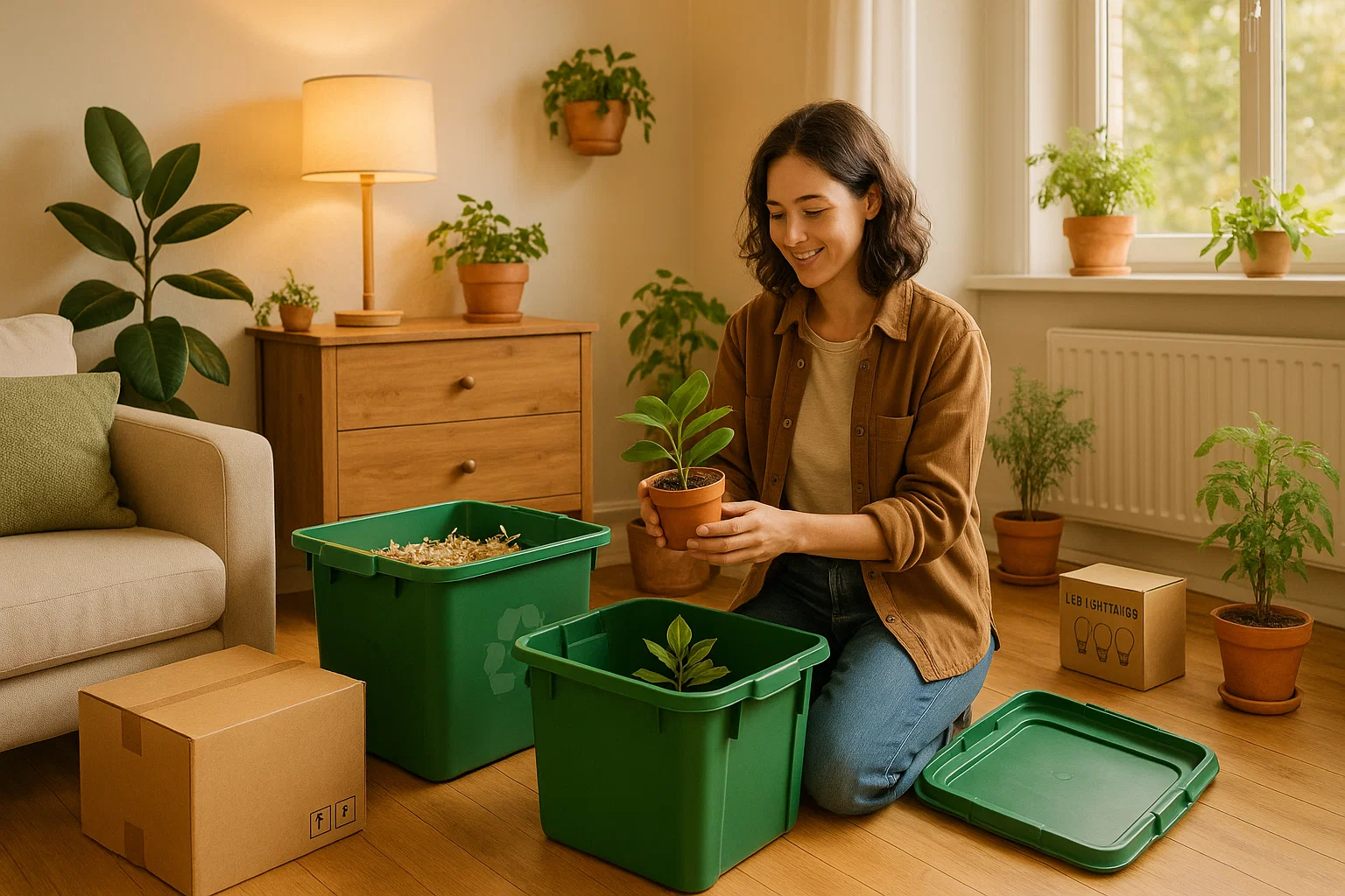 Woman unpacking reusable bins and setting up an eco-friendly home.