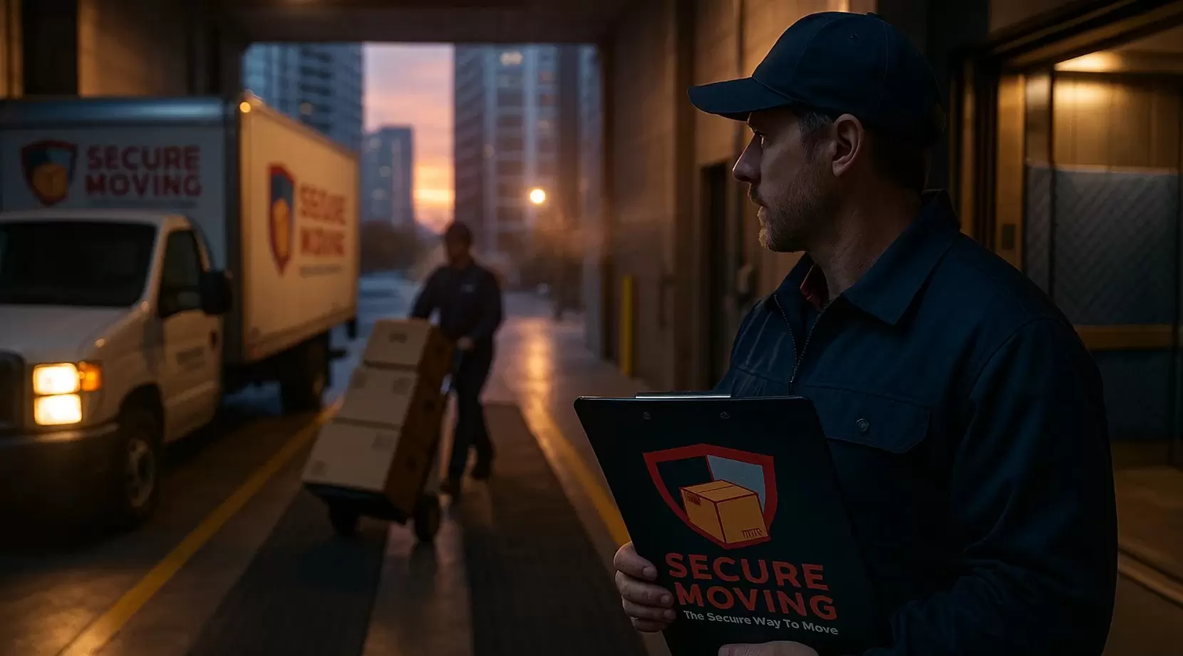 Mover holding a ‘Secure Moving’ clipboard in a loading dock while a teammate wheels boxes to a branded truck at dusk.