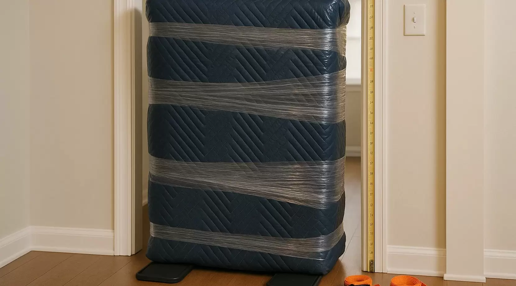 Large furniture piece wrapped in blue moving blankets and stretch film on sliders by a doorway, with orange ratchet straps on the floor.