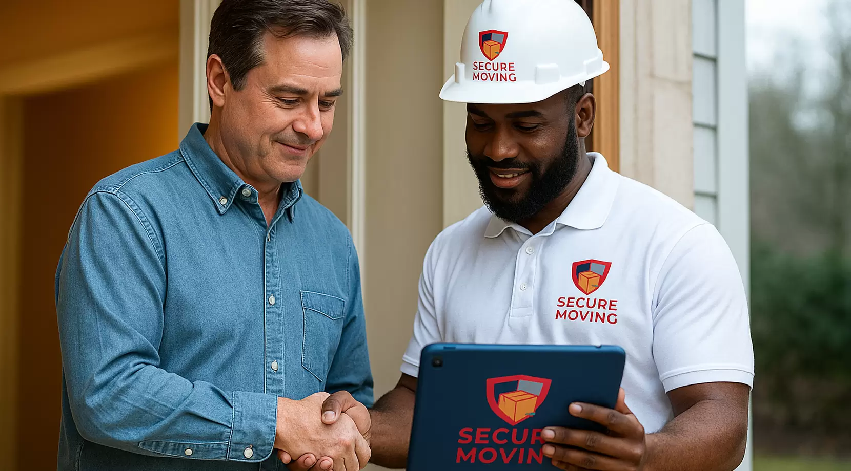 Homeowner at doorway reviews a plan on tablet with foreman. Secure Moving logo on white hard hat and tablet case. Warm interior light, cool daylight, realistic textures, gentle handshake, welcoming.