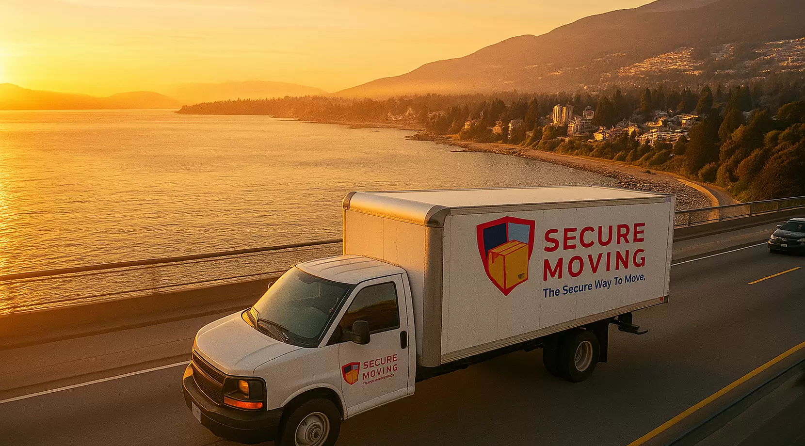Sunrise aerial of West Vancouver coastline with mountains and ocean. A moving truck cruises Marine Drive toward Ambleside, Secure Moving logo shown as a vinyl decal on the driver-side door.