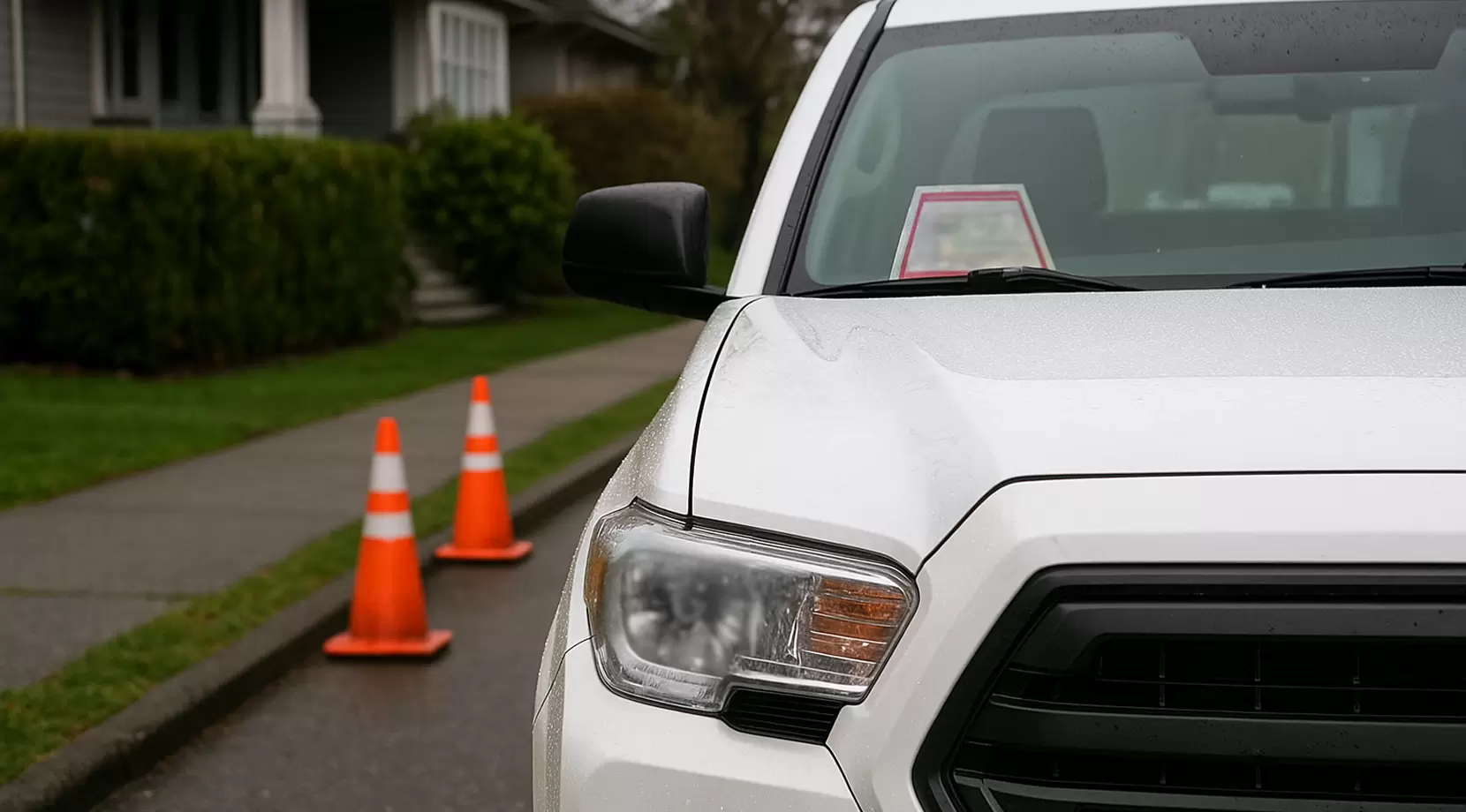 Dashboard permit placard behind a truck windshield, orange cones reserving curb space outside of house in West Vancuver. Signage details softly blurred, preventing reading of wording or fees in scene.