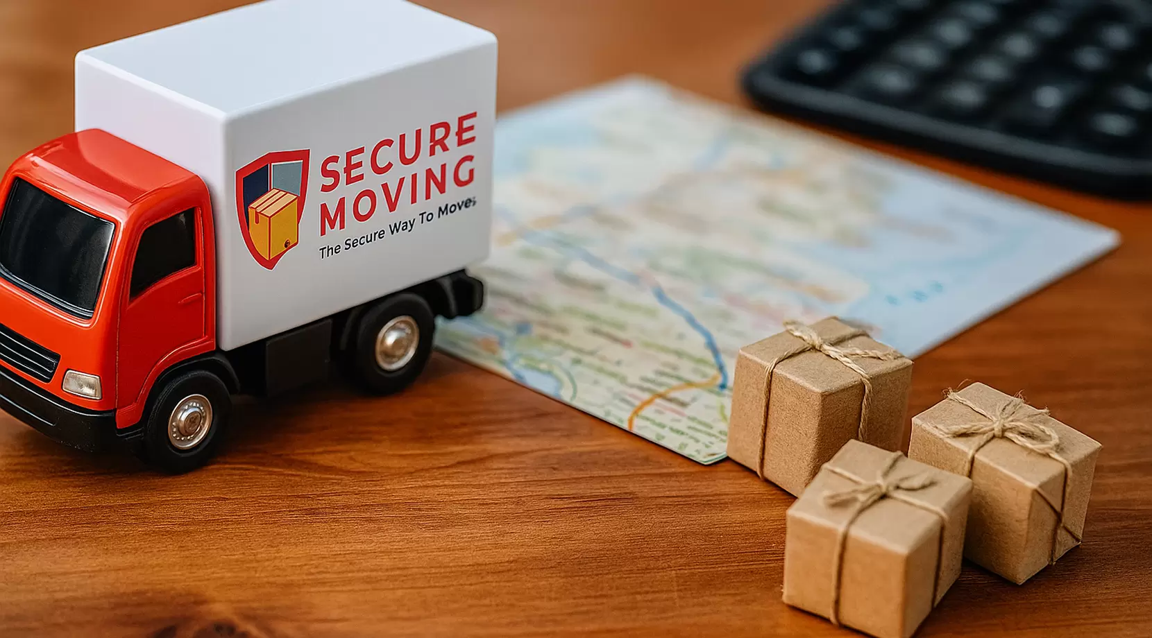 Wooden table flat-lay: toy moving truck, folded map with blurred names, miniature boxes tied with twine, plus a blurred calculator implying costs. Secure Moving logo appears as a truck decal.
