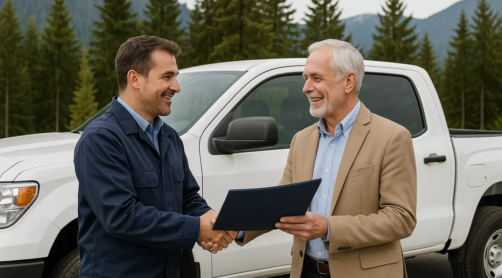 Supervisor presents a folder to a client beside a truck. West Vancouver evergreens behind.