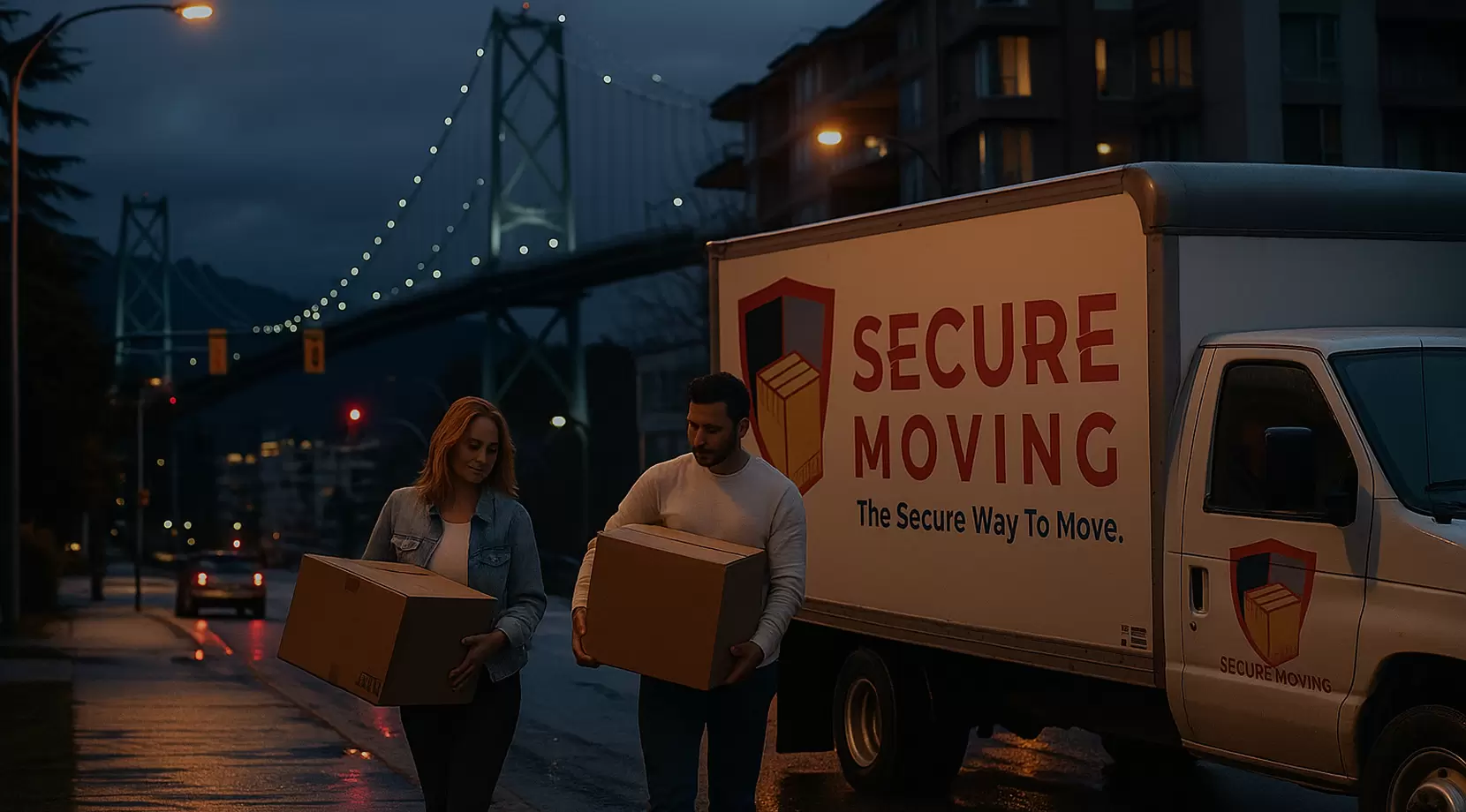 Twilight aerial of West Vancouver apartments and Lions Gate Bridge, couple carrying boxes beside a curb-parked moving truck with a small SecureMoving logo on the door. Wet pavement, warm windows, natural reflections.