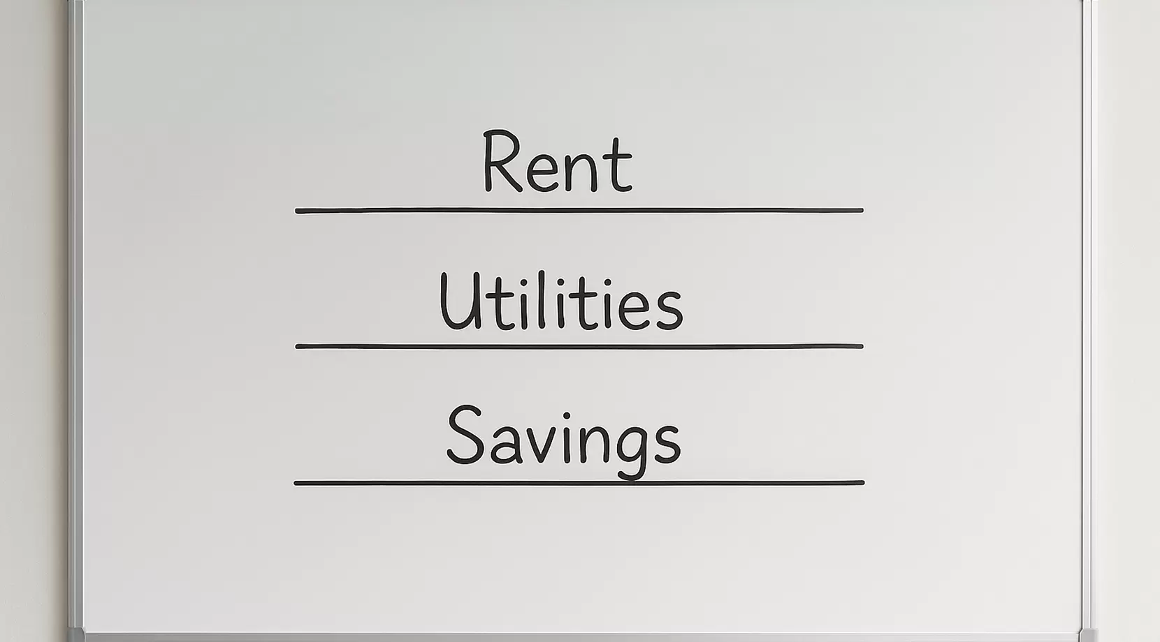 Whiteboard showing monthly rent, utilities, and savings lines in neat handwriting, faint eraser smudges. Classroom-style lighting, clean perspective.