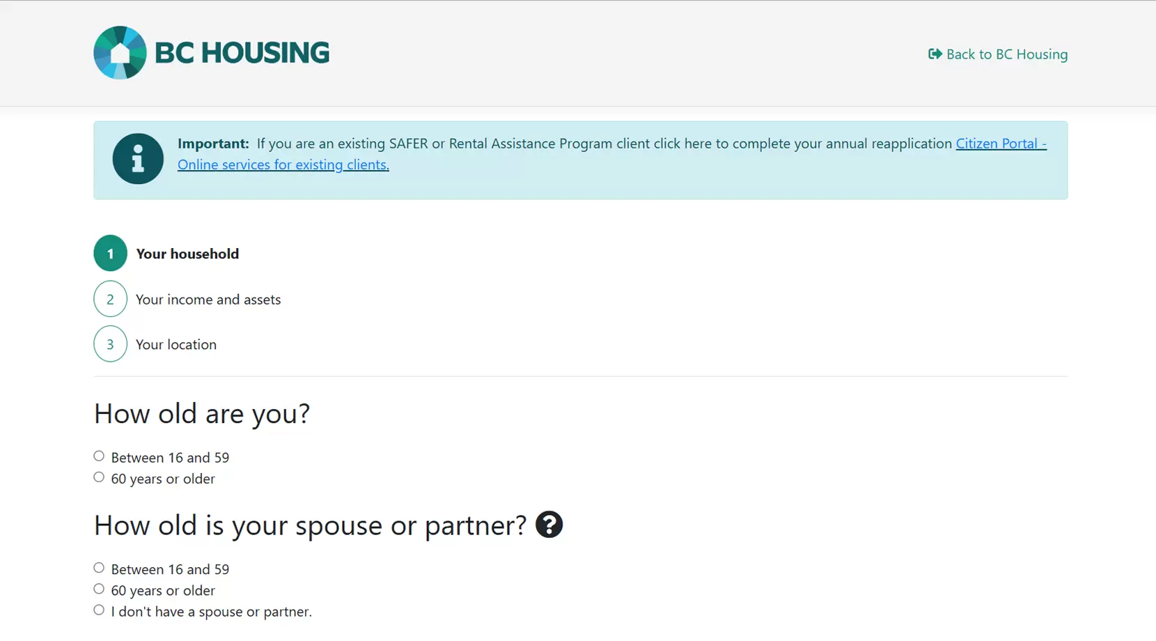 Screenshot of BC Housing website’s RAP calculator and it’s questionnaire.