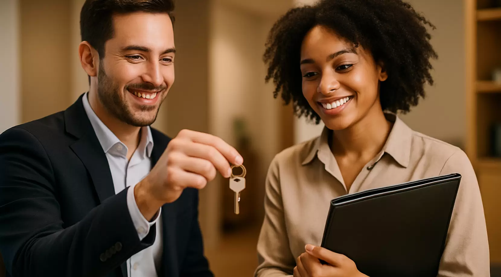Leasing agent offers keys across a desk while the tenant presents a complete document folder. Shallow depth, professional lighting, candid, positive moment.