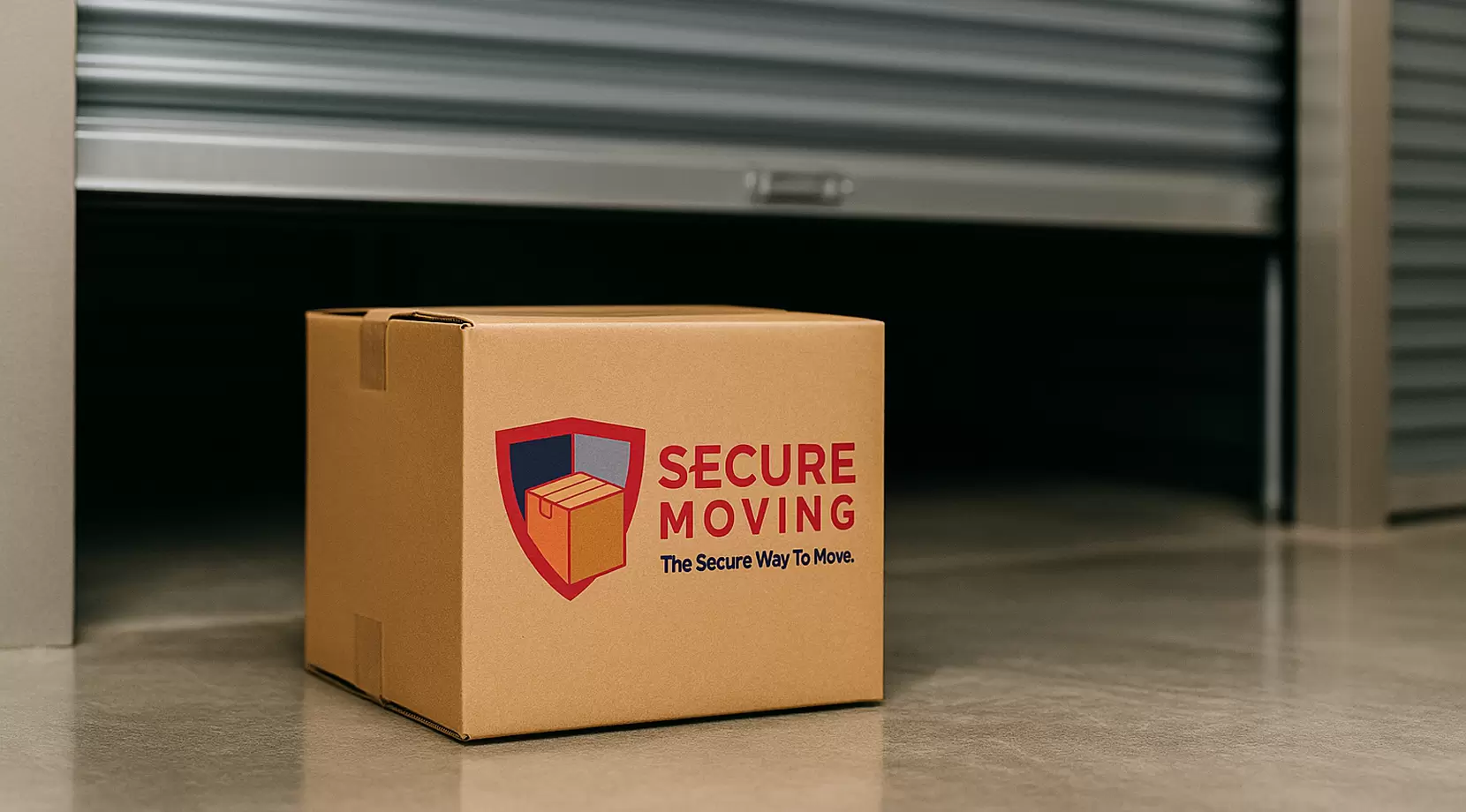 Brown shipping box with “Secure Moving” shield logo sits on polished concrete before a half-open roll-up storage unit door; taped seams visible; warehouse lighting and shadows highlight safety and service.