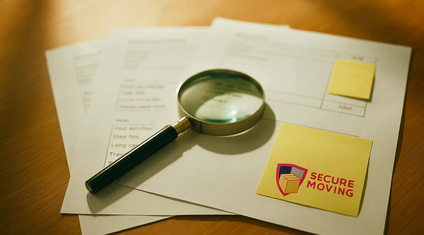 Magnifying glass over moving paperwork on a wooden desk, pages with checklists and fields. Two sticky notes, one branded the Secure Moving shield logo. Warm light hinting at careful review.