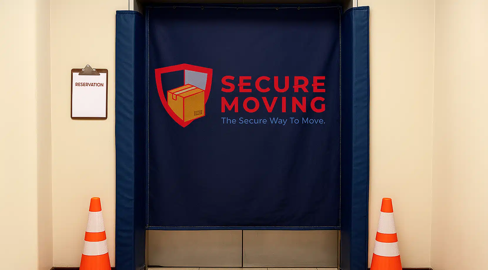 Elevator entrance padded with a navy moving blanket branded “Secure Moving, The Secure Way To Move.” Two orange traffic cones flank the doorway, and a wall clipboard reads “Reservation” against cream walls and tile.