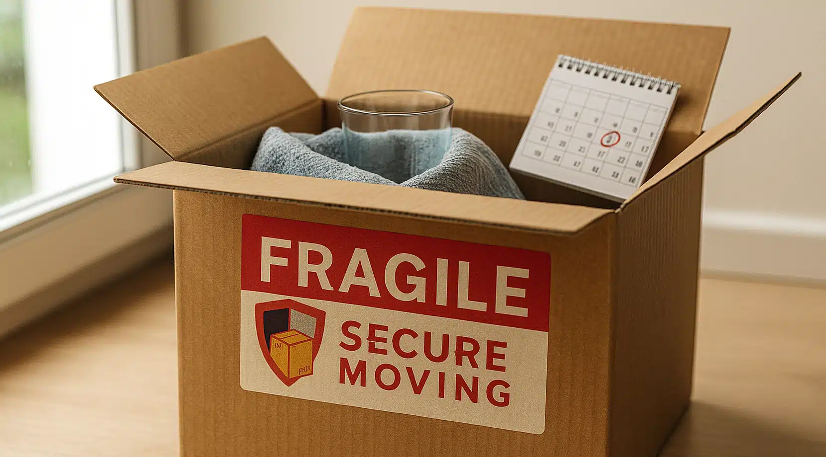Open cardboard box labeled “FRAGILE Secure Moving” by a window; flaps up. Inside, a clear glass cushioned in a blue towel beside a calendar with the move date circled red.
