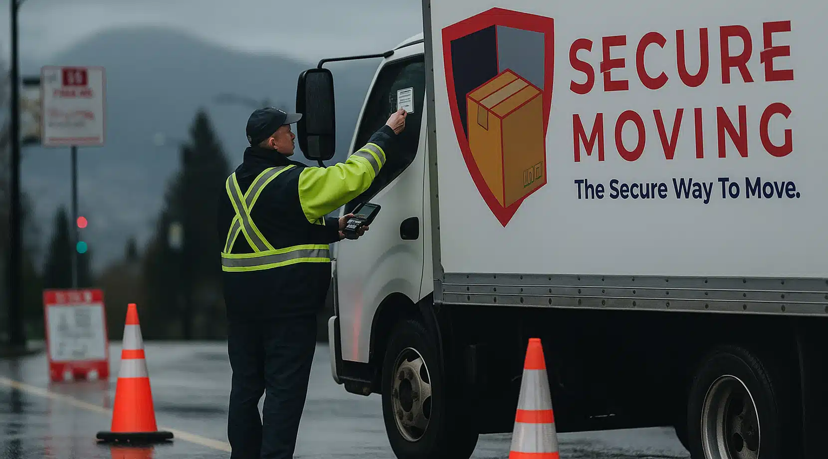 Parking officer scans a windshield hang-tag permit at a reserved curb lane. Cones and signs mark the space. Secure Moving logo on truck door magnet, wet pavement.