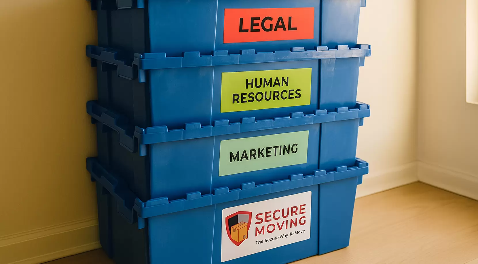 Sunlit corner with neatly stacked reusable moving crates; colored labels by department; Secure Moving logo discreet sticker on one of them; clean floor; shallow depth of field.