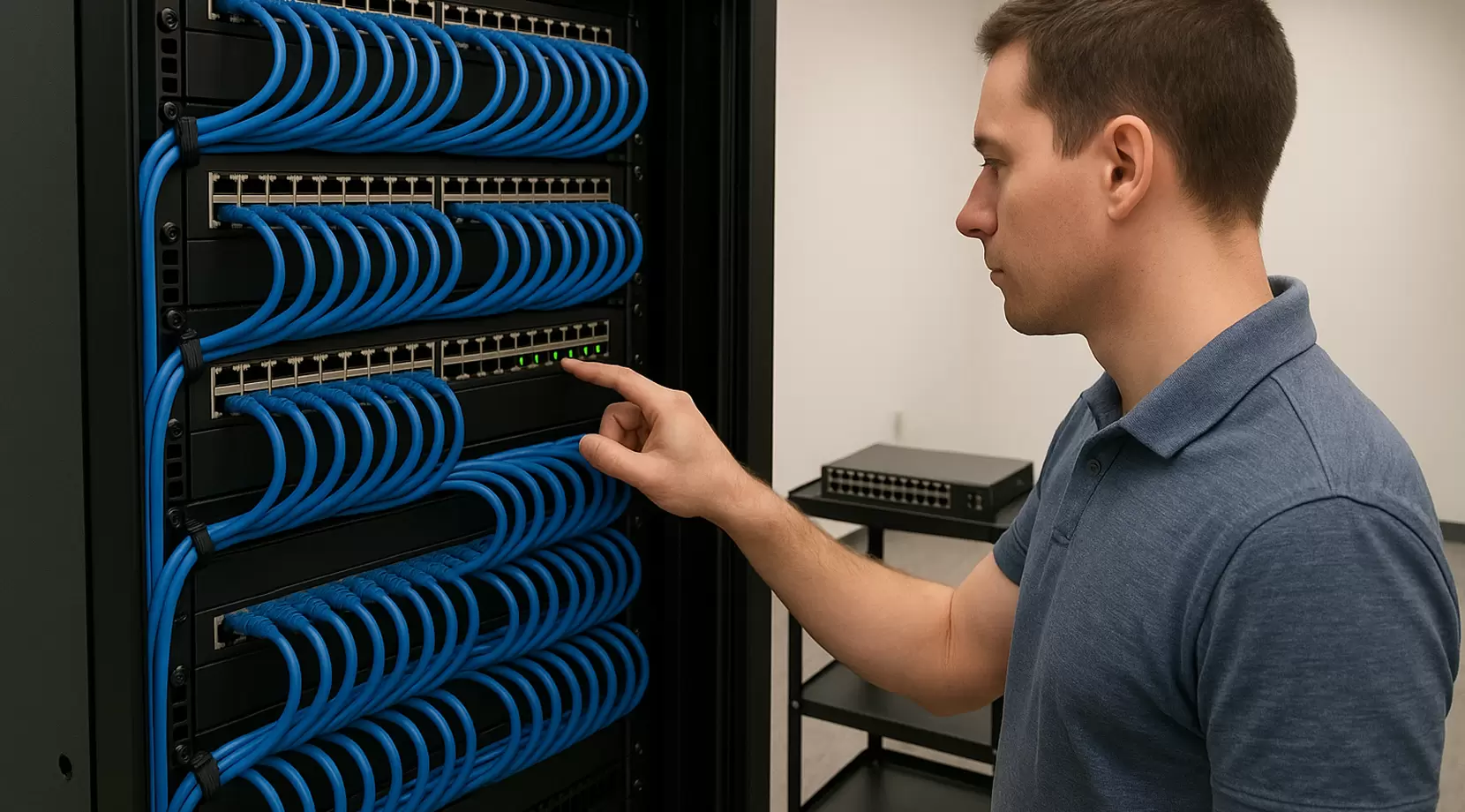 Rack face with tidy patch cables; spare switch on a cart; technician verifying link lights; neutral office lighting; authentic cable sheen.
