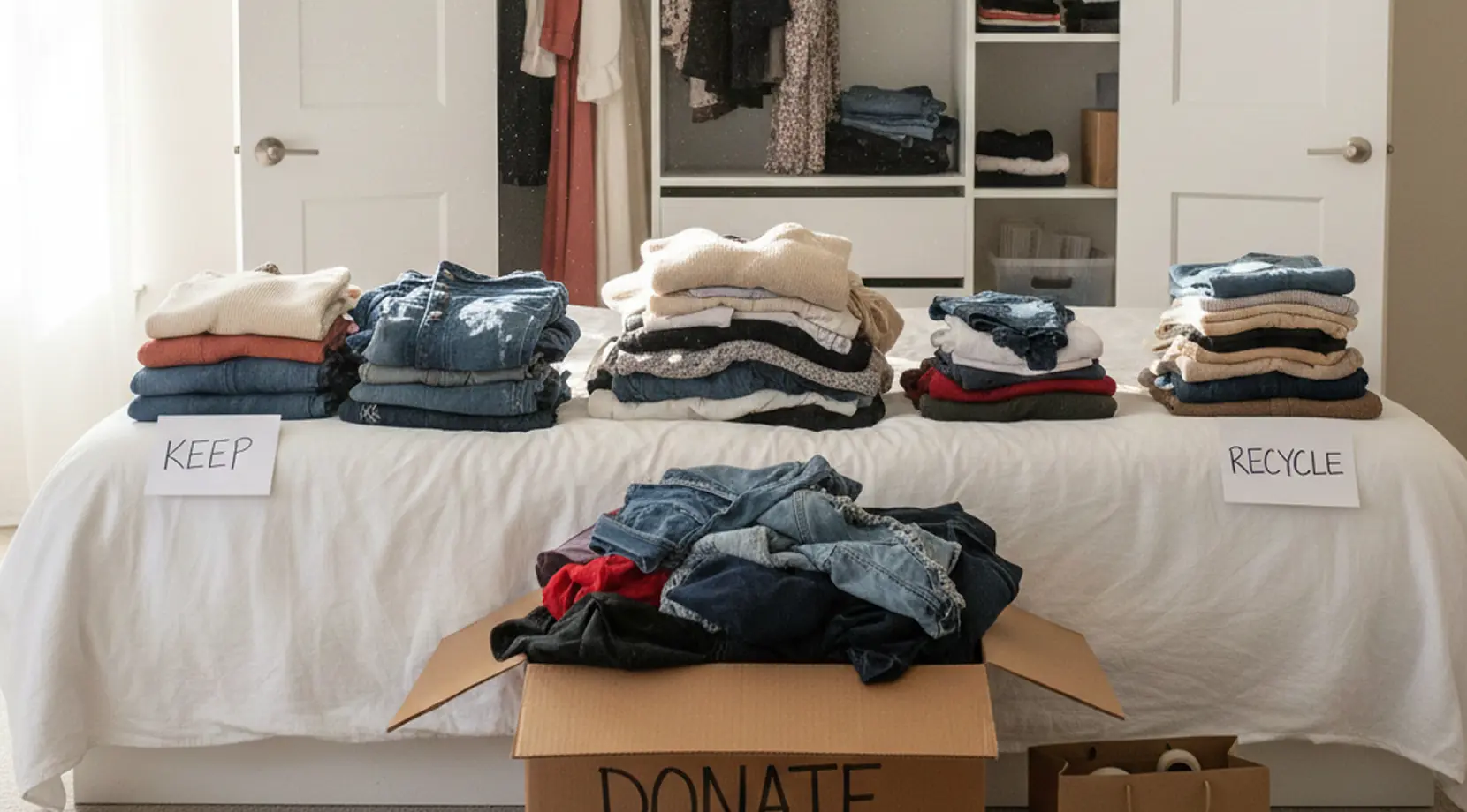 Bedroom sorting station with keep, donate, and recycle piles in front of an open closet, showing long distance moving packing tips for decluttering before packing.
