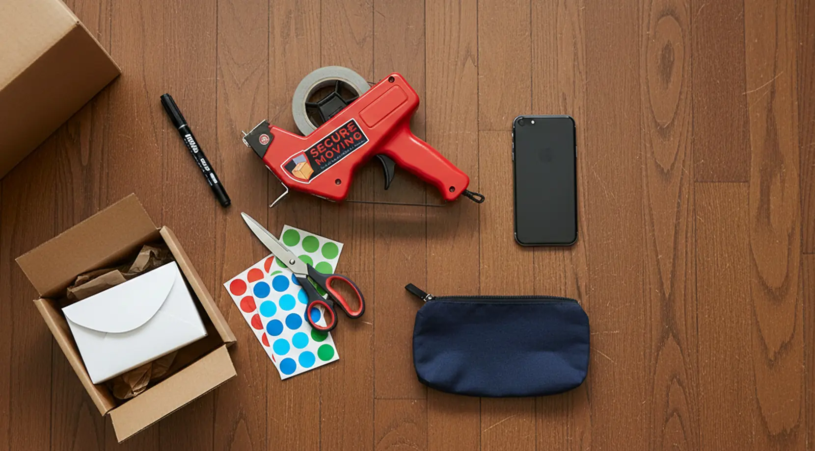 Flat lay of packing supplies on a wood floor, including tape gun, labels, scissors, marker, and boxes, showing packing for a long distance move.