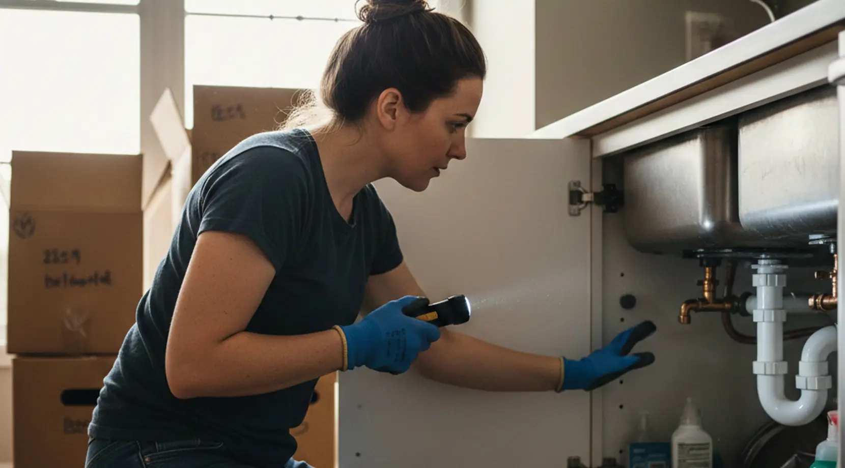 After moving checklist for homeowners: inspect under-sink plumbing for leaks, check shutoff valves, and note maintenance tasks while settling into a new home.