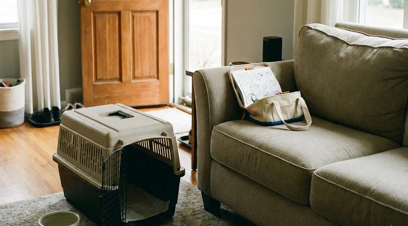 How to prepare for a house move with a pet carrier and essentials staged by the couch as part of a home moving checklist.