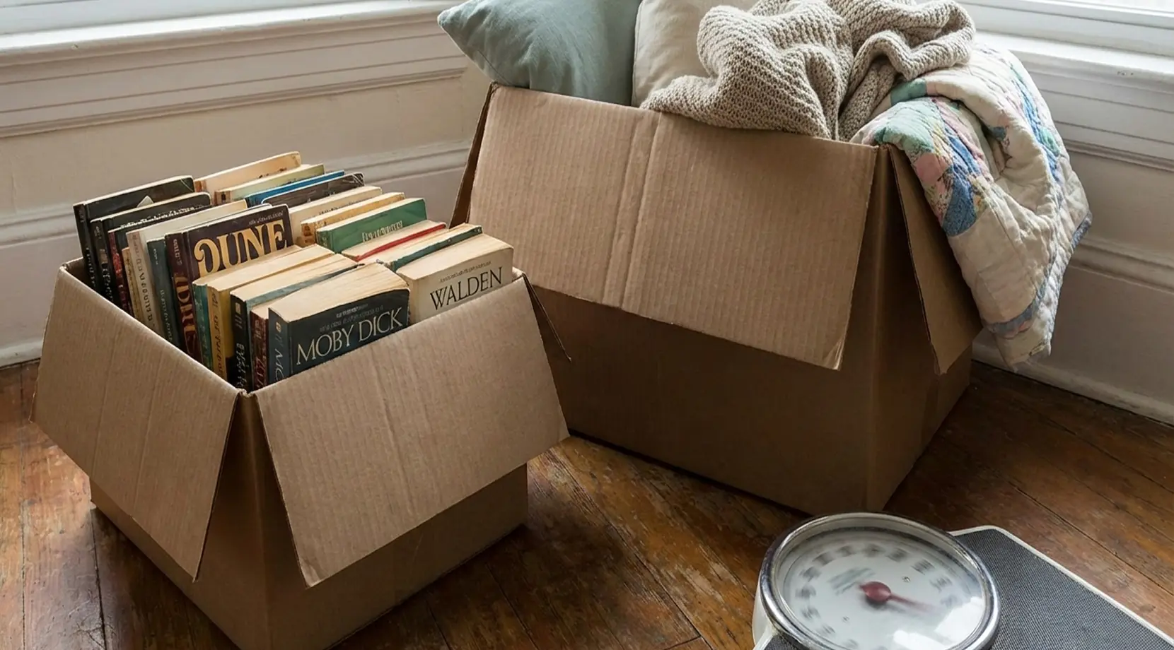 How to prepare for a house move by packing books and bedding in labeled boxes, a simple moving preparation checklist setup.