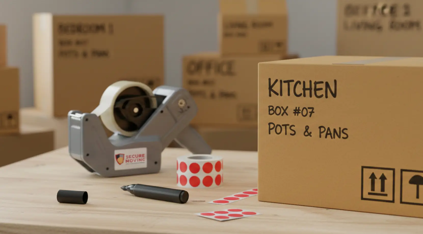 Packing table with tape dispenser, dot stickers, and a “KITCHEN BOX #07 POTS & PANS” box, showing moving box labels and moving box stickers for fast unpacking.