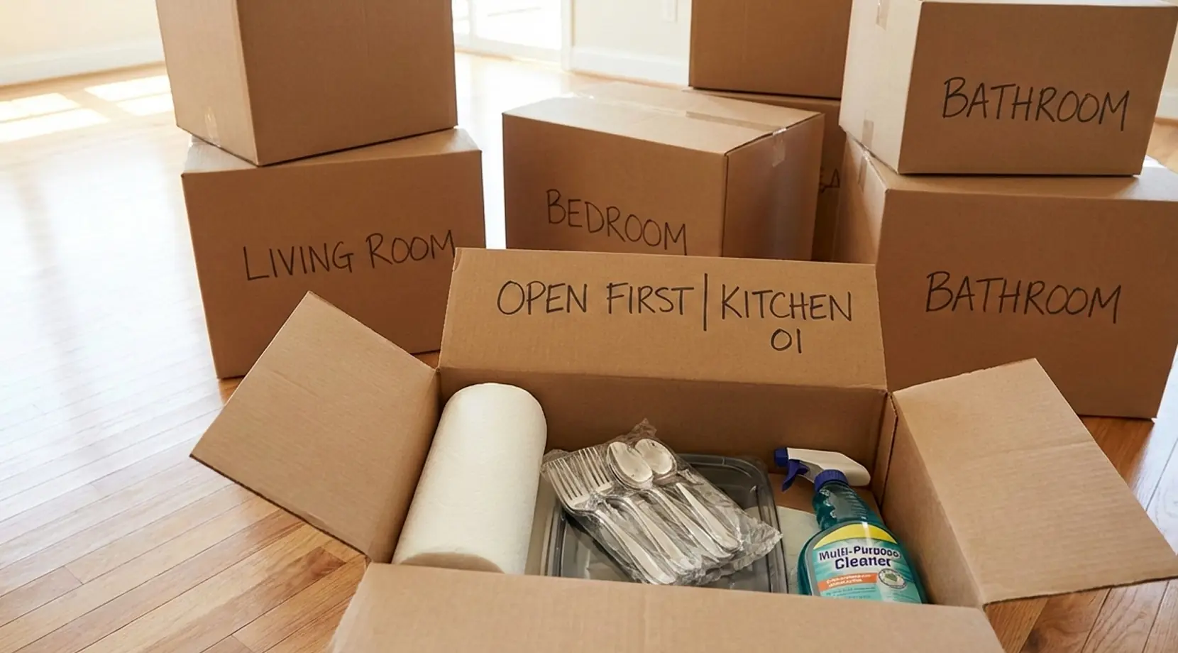 Open “OPEN FIRST | KITCHEN 01” box with paper towels, utensils, and cleaner, showing How to Label Boxes for Moving with priority moving box labels for first-night essentials.