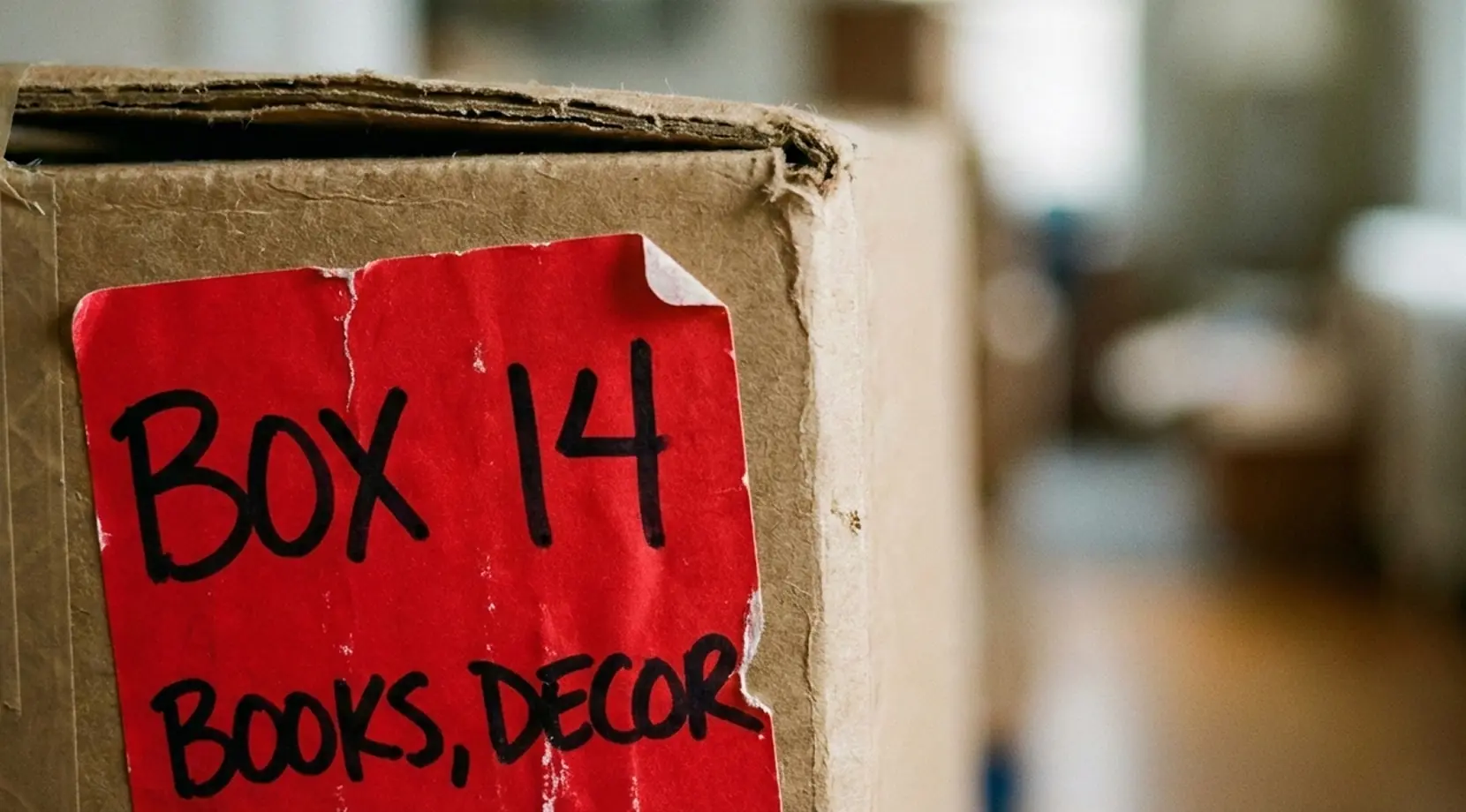 Close-up of a cardboard box with a red label reading “BOX 14 BOOKS, DECOR,” showing moving box stickers as the best way to label moving boxes by room and contents.