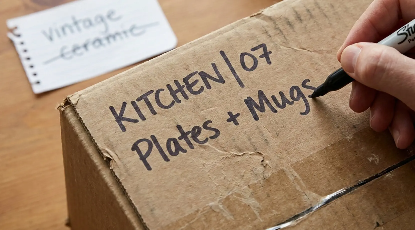Hand writing “KITCHEN | 07 Plates + Mugs” on a cardboard box with a marker, showing How to Label Boxes for Moving using clear moving box labels.
