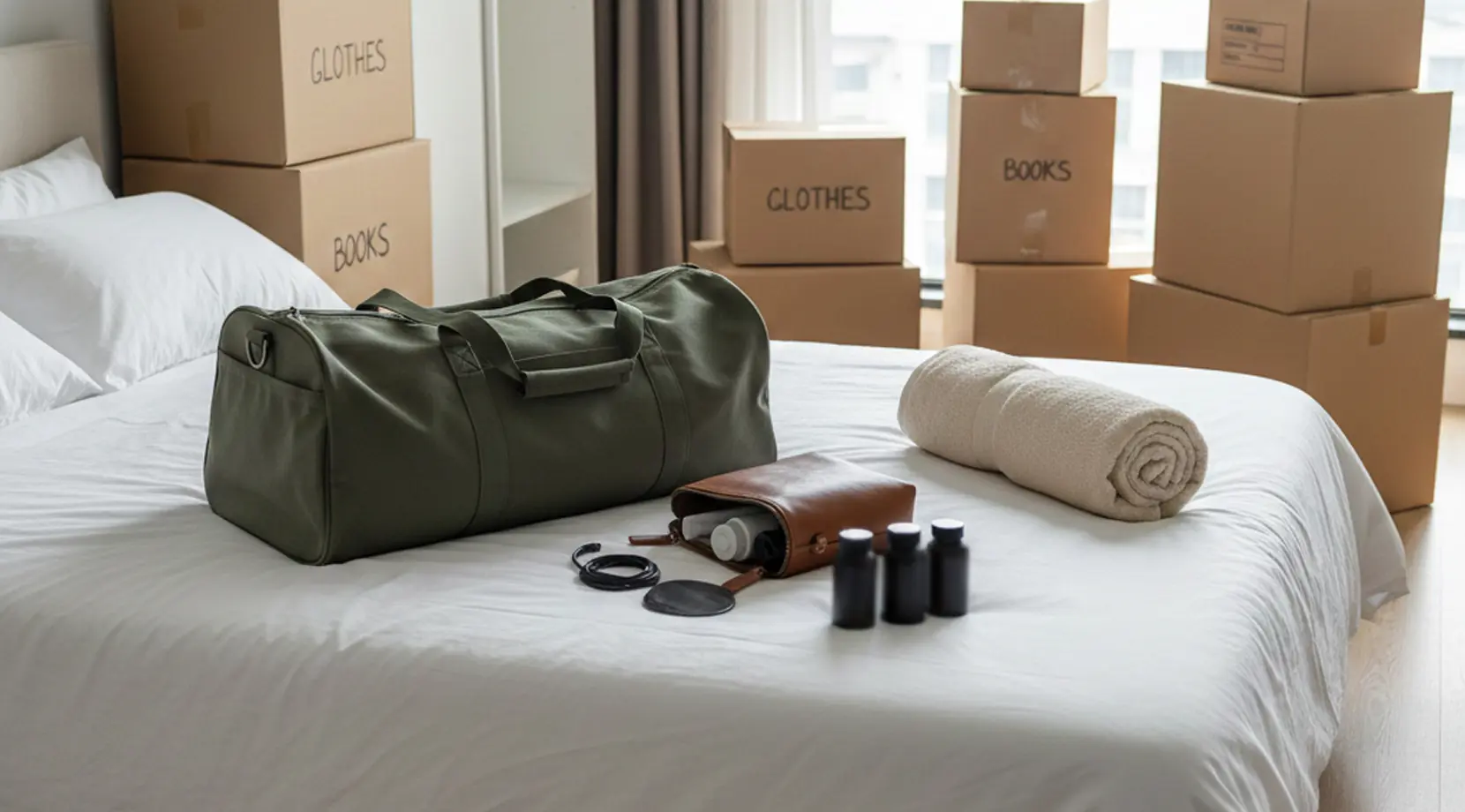 Packed studio bedroom with labeled boxes and a duffel on the bed, showing how long does it take to move a studio apartment.