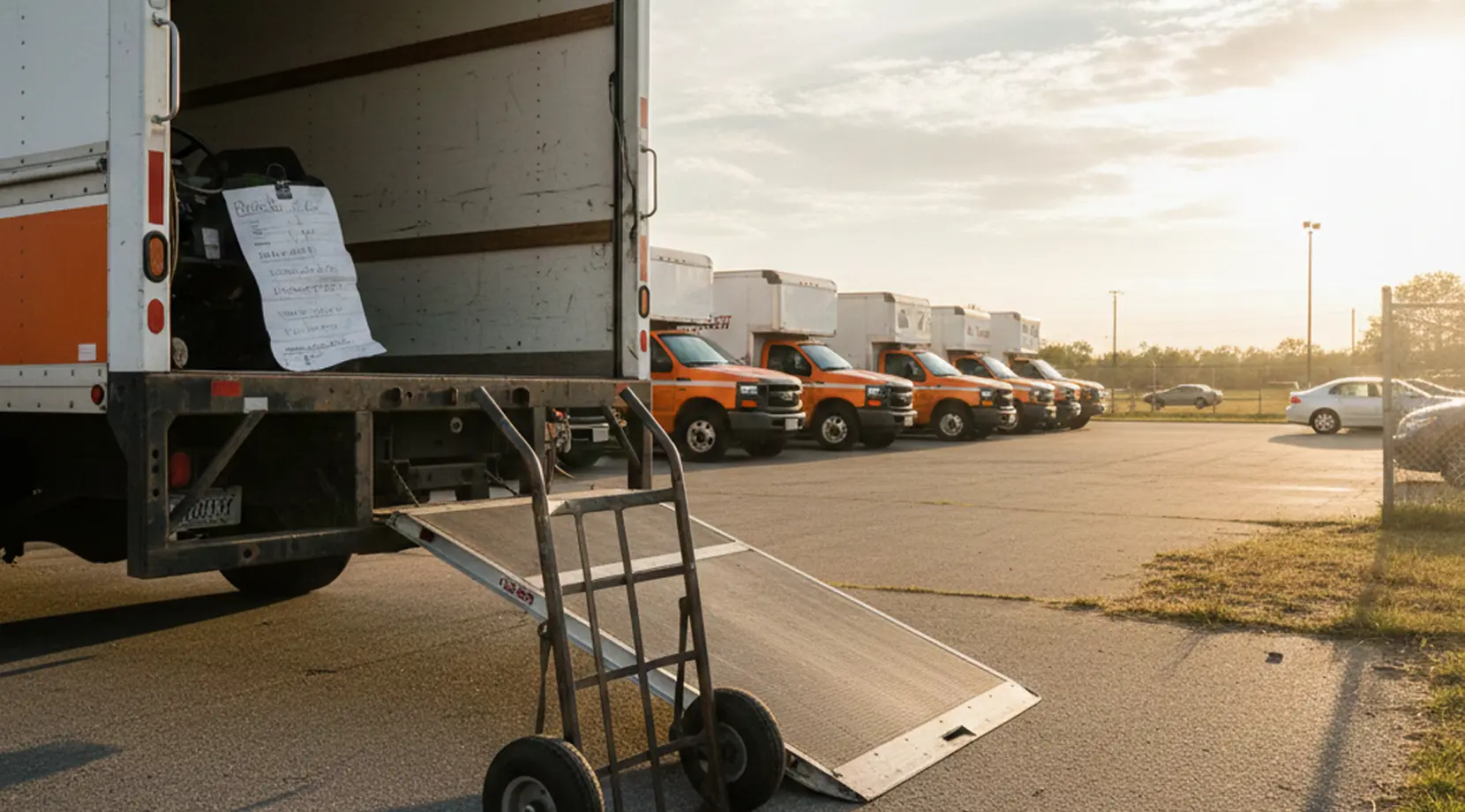 Open moving truck with ramp, dolly, and tie-down straps staged for loading, planning how long does it take to move a studio apartment.